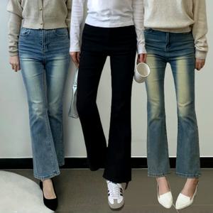 블랙진 부츠컷청바지 여성 데님 스판 세미 키작녀 밴딩 나팔 팬츠