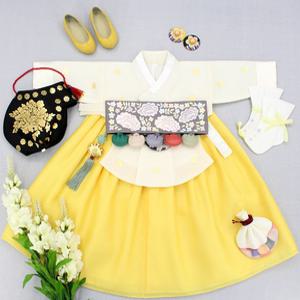 여아한복 노랑 치마 꽃 사슴 아이 당의 아동 여자 아기 고급 명절한복