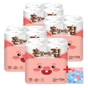 돈 잘버는집 무형광 화장지 3겹 30m 12롤 4팩 + 여행용티슈 40매 4개