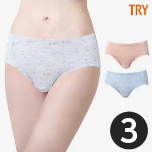 트라이 국산 잔꽃 여성 면팬티 60수 스판 베이직 미디 3종 세트