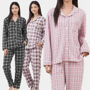 이브바바 여성 겨울 도톰 소프트 기모 타탄체크 카라 긴팔 상하 잠옷 파자마세트