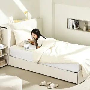 [지누스]루미 침대프레임 커스텀 헤드보드+트롤리(퀸/화이트)