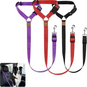 자동차용 개 안전벨트 3팩 자동차 머리 받침대 조절 가능한 나일론 원단 하네스(블랙 레드 퍼플)
