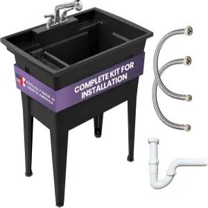 양손잡이 크롬 수도꼭지가 있는 프리스탠딩 유틸리티 싱크 - 차고 세탁 실내 및 우도어용 32인치 플라스틱