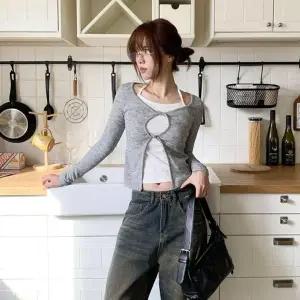 [옷자락]여자 데이트룩 레이어드 크롭 긴팔티