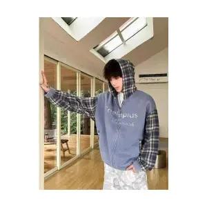 원더우면 남성 빈티지 가짜 투피스 체크 소매 후드 가을 겨울 오피스룩 프린트 코트 OPH4