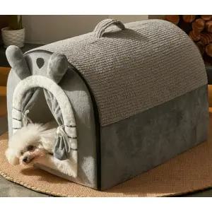 따뜻한 강아지 고양이 텐트 겨울 보온 숨숨집 담요 중형 그레이 수면 베개 소형