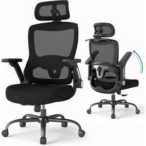 ZZH 인체공학 사무실 의자, 조절 가능한 요추 지지대가 있는 하이백 홈 데스크 헤드레스트, 플립업 암, 90-135 틸트 잠금 및 넓은 쿠션, 바퀴가 달린 크고 높은 메시 컴퓨터 시트