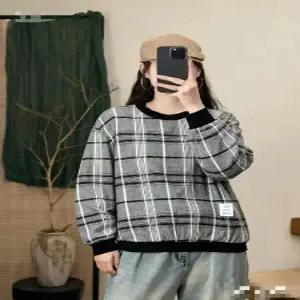 EAMT 여성 겨울 빈티지 린넨 체크 패딩 맨투맨 골지 라운드 도톰 기모 YJ4