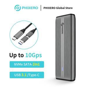 PHIXERO M.2 NVMe SSD 케이스 듀얼 포트콜 to USB 어댑터 SATA 5Gbps 3.1 Gen2 C 외장 박스 알루미늄 합금