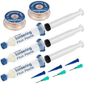 PCB, SMD 및 부품 납땜을 위한 3x10cc 무연 노클린 납땜 플럭스 2x10피트 디솔더링 윅(25mm) 전자 수리 키트