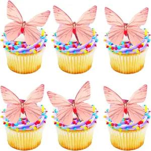 Qiyuda 72개 버터플라이 컵케이크 토퍼 핑크 케이크 픽 장식