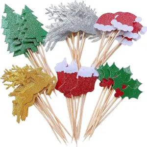 60개의 싱글 사이드 크리스마스 컵케이크 토퍼 글리터 케이크 장식 이쑤시개 깃발 산타클로스 나무 과일
