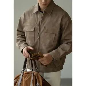 남성용 겨울 캐주얼 빈티지 가을 코트 쇼트 집업 구제 재킷 가죽 점퍼 터틀넥 OP4