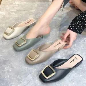 여성 골드스퀘어 장식 블로퍼 단화 굽 낮은 뮬구두