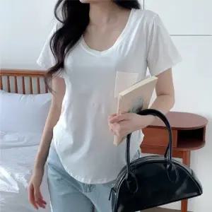 여성 기본 무지티 스판 포켓 V넥 여름 반팔 상의