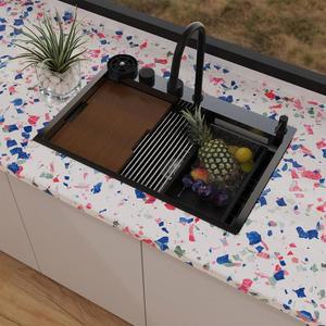 33x22 드롭 인 키친 싱크 원형 디자인, 수도꼭지 콤보가 있는 워터폴 싱크, 모던 스마트 워크스테이션 스테인리스 스틸 싱글 볼 33