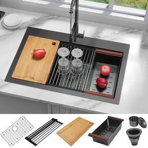 LQS 블랙 키친 싱크 33x22, 드롭 인 16 게이지 스테인리스 스틸 탑 마운트 깊고 큰 단일 볼, 다기능 워크스테이션 주방 및 실용적인 액세서리 포함