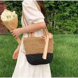 ( )리본 투톤 라탄 크로스백 왕골가방 비치백