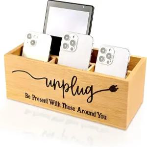 대나무 나무 전화 박스 - 공부 회의 가족 시간을 위해 휴대폰 태블릿 전자기기에서 분리 충전 구멍이 있는