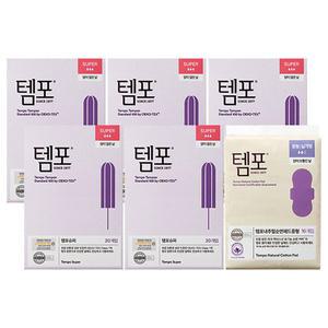 템포 오리지널 탐폰 슈퍼 20p, 5개 + 템포 내추럴 순면 패드 생리대 ,중형, 16P, 1개