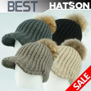 [햇츠온]1H4101 HatsON 브랜드 여성 겨울 털방울 방한 비니 챙 햇 캡 모자 니트 골지 AA