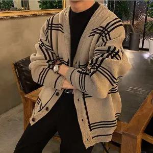 남자 체크가디건 루즈핏 가을 겨울 브이넥 코튼 니트 정장 오버핏 카디건