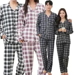 이브바바 남성 여성 커플 겨울 도톰 소프트 기모 타탄체크 카라 긴팔 상하 잠옷 파자마세트