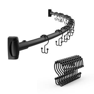 CalcMetal 42-72인치 조절 가능한 아치형 곡면 샤워 커튼봉, 욕실, 피팅룸 또는 주방용 커튼 링, 벽 드릴 필요, 간편한 설치, 매트 블랙