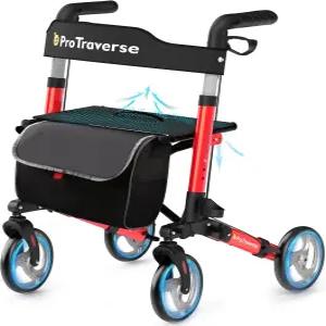 좌석이 있는 프로트래버스 접이식 롤레이터 워커 큰 바퀴가 표준 높이 경량 노인용 롤링 빨간색