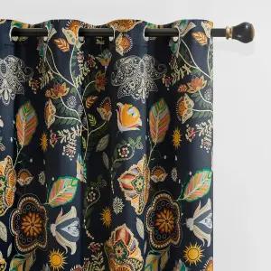 XiiDi 네이비 블루 빈티지 플로럴 패턴 암막 커튼 84인치 길이의 침실 거실용 2 패널 보온 럭셔리 모던