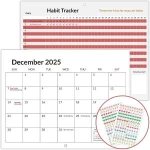 2026 월 캘린더 습관 추적 플래너 스티커가 있는 ADHD 청소 18 월간 17인치×11인치