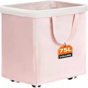 바퀴 75L CHICVITA 슬림 세탁 바구니 거실용 접이식 롤링 대학 기숙사용 분홍색
