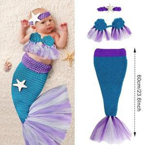도니식 3개/세트 아기 인어 의상 신생아 사진 촬영 소품 크로셰 뜨개질 브라 꼬리 스튜디오 액세서리