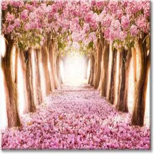 유토피아 아트 핑크 플라워 그림 월 거실용 랩 캔버스에 그린 숲 나무 길 아트워크 풍경화 (12 x16 )