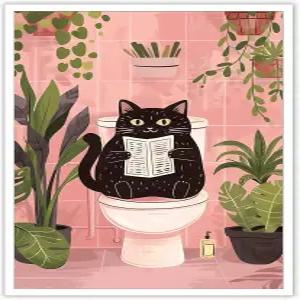 DVBOCS 재미있는 욕실 블랙 고양이 포스터 귀여운 반려동물 독서 신문 화장실 벽 아트 프린트 빈티지