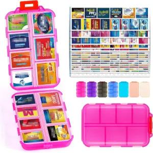 대량 스티커와 라벨이 부착된 필라벨 여행용 알약 정리함 - 포켓 가방용 소형 및 휴대용 일일 약국 생선