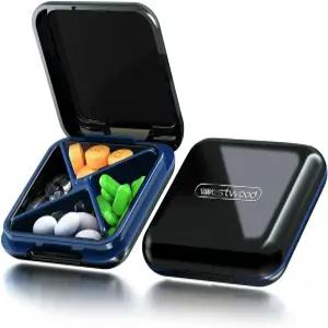 두즈 블랙 4구획 방수 알약 상자 정리함 - 여행용 휴대용 의약품 비타민 생선 기름 보충제용 BPA 프리 용기