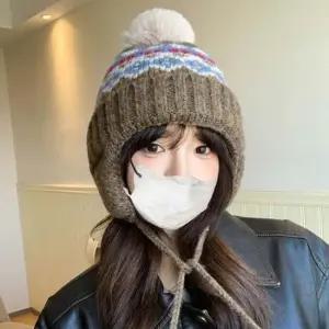 여성 4컬러 겨울 러블리 니트비니 털방울 귀달이모자