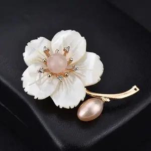 [하프클럽/]자개 브로치 지르코니아 담수진주 꽃 단아한 핑크진주