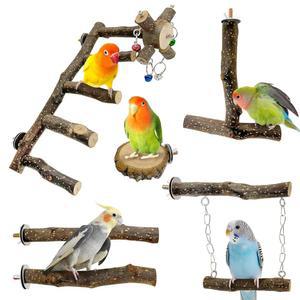 BNOSDM 천연 목재 새 사다리 농어 6Pcs 앵무새 스탠드 나뭇가지 오르기 츄잉 스틱 잉꼬 그네 케이지 액세서리 발 갈기 포크 세트 러브버드 코카티엘 코너 버디