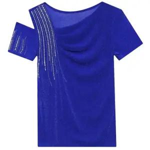 댄스복 큐빅 오프숄더 블루 라인댄스복상의 티셔츠 라틴 왈츠 탱고 M