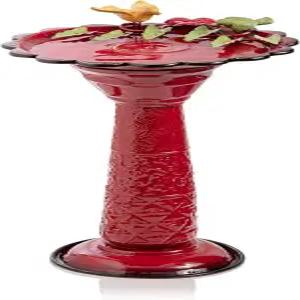 알파인 코퍼레이션 28인치 높이의 야외 금속 조류 목욕과 새 및 나뭇잎 마당 조각상 장식 빨간색 u2013