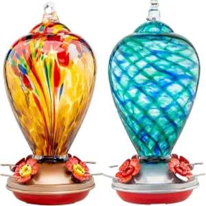 라엘리비쉬 가든 2팩 야외용 벌새 모이통 및 벌 방지 34OZ 32OZ 핸드 블로우 글래스 모이통노란색 파란색