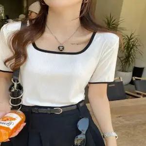 스퀘어넥 배색 링거 여자 반팔 골지티 티셔츠 4컬러 (WFKBWXT)