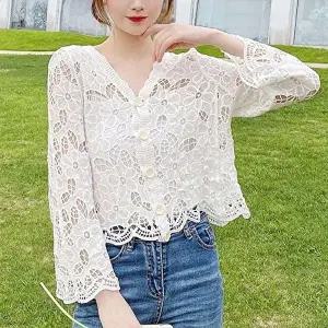 크로셰 여름가디건 여성가디건 화이트 가디건 긴팔 니트 여름 여성 (KYR-WFISAJU)