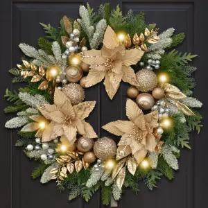 24인치 샴페인 골드 크리스마스 화환 꽃 공 프로스트 베리 황금 잎 눈가루 솔잎이 특징인 우아한 현관용