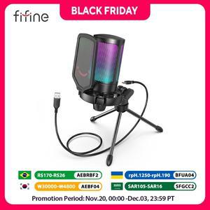 FIFINE USB 콘덴서 게임용 마이크, 팝 필터가 있는 PC PS4 PS5 MAC용 쇼크 마운트 및 팟캐스트용 게인 제어