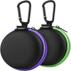 SUNGUY [2팩 이어버드 케이스 소형 원형 포켓 여행용 휴대용 파우치 이어버드용 카라비너 헤드셋 인이어