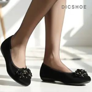 [딕슈]딕슈 여성 플라워 장식 에나멜 세무 플랫슈즈 S377